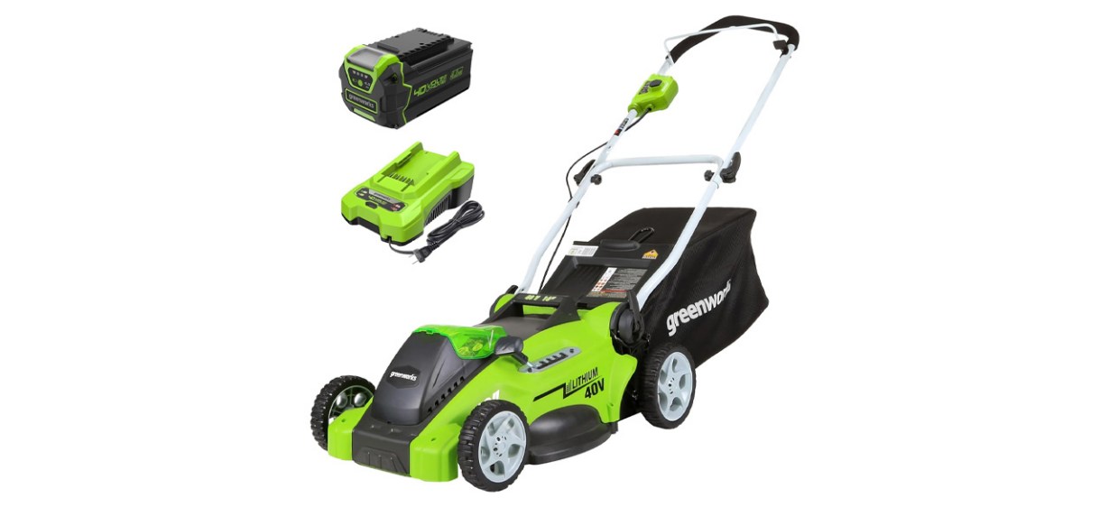 Greenworks 40V 16 inch Cordless (Push) Lawn Mower on white background Greenworks 40V 16 inch Cordless (Push) Lawn Mower on white background