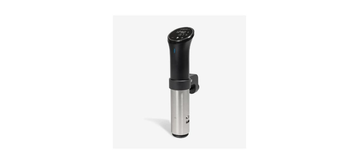 black and stainless steel Anova Precision Cooker on white background