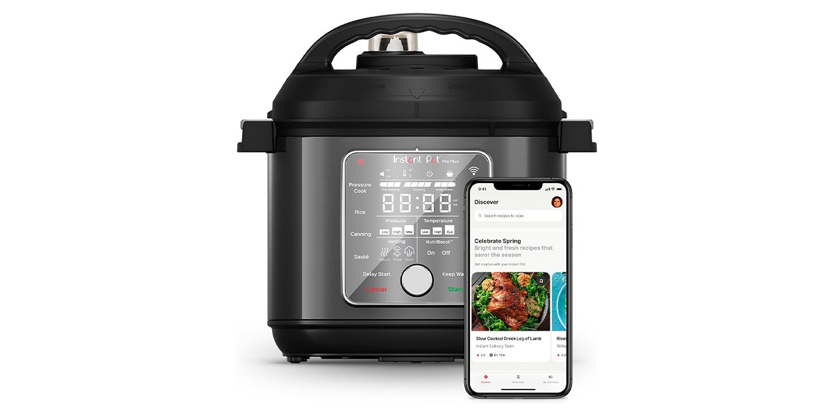 Instant Pot Pro Plus with phone in front on white background