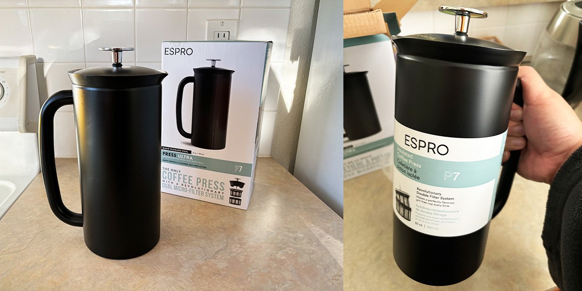 Collage with Espro P7 next to product packaging on left and hand holding Espro P7 on right Collage with Espro P7 next to product packaging on left and hand holding Espro P7 on right