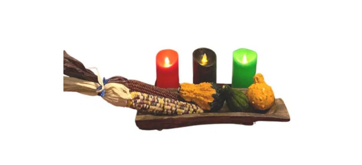 KwanzaaWorld Kwanzaa Winter Centerpiece with dried corn cobs, gourds and candles  