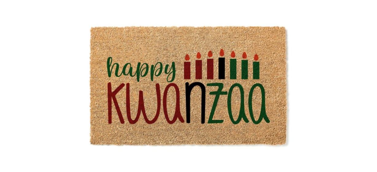 WoodByStu Happy Kwanzaa Doormat; text on mat reads, &quot;Happy Kwanzaa&quot; and has images of candles