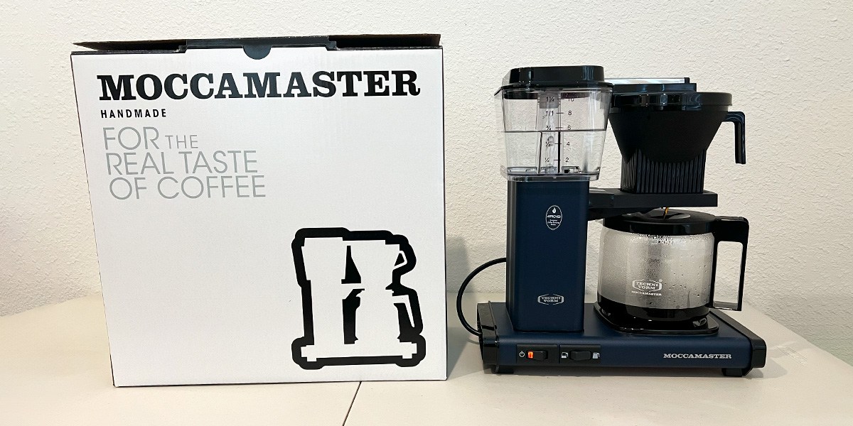 Technivorm Moccamaster Coffee Maker on kitchen counter next to product packaging
