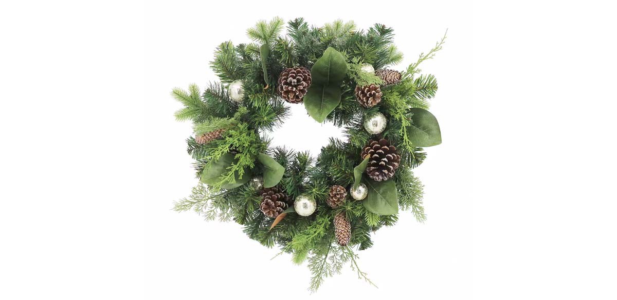 22 inch Pine, Cedar &amp; Magnolia Leaf Wreath with Ornaments by Ashland
