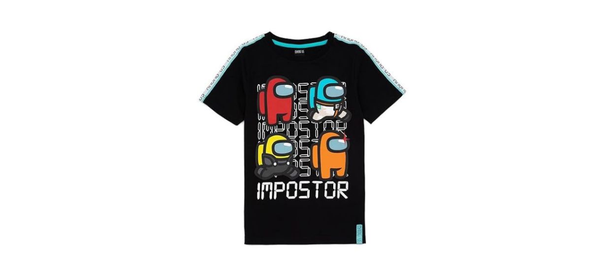 black Among Us Kids Impostor Crewmate Short Sleeve T-shirt on white background; says &quot;impostor&quot; on it with images of 4 crewmates
