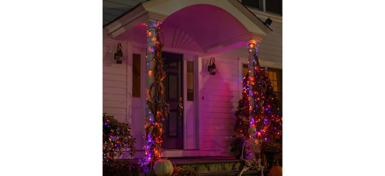 Halloween 300 LED String Lights display on front porch