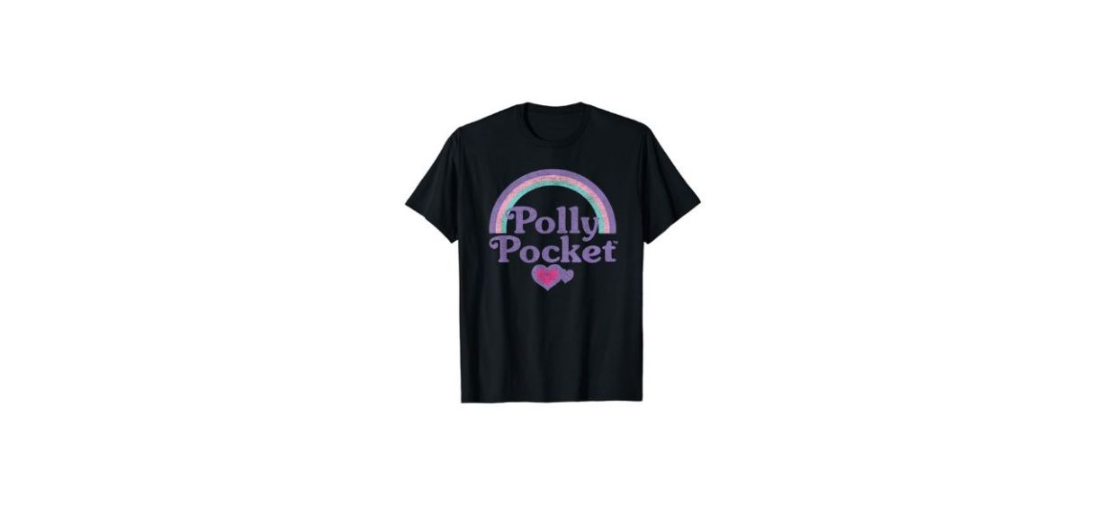 black Mattel Polly Pocket Rainbows T-shirt with picture of a rainbow and a heart on it, text: &quot;Polly Pocket&quot;