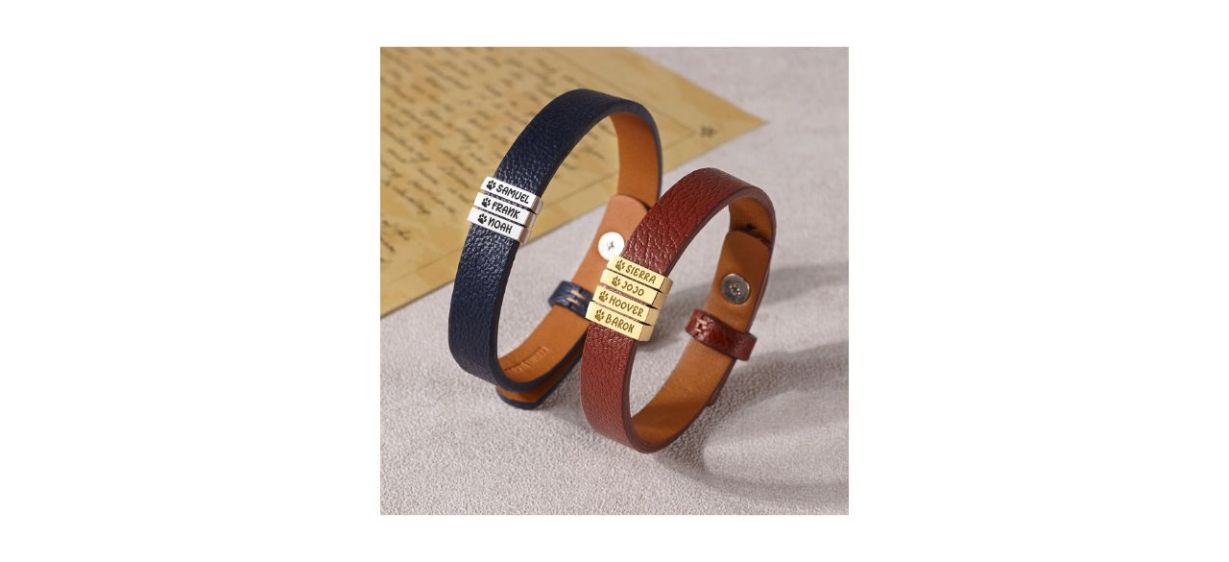 2 Menation Dog Lover Engraved Leather Bracelets, one black and one brown