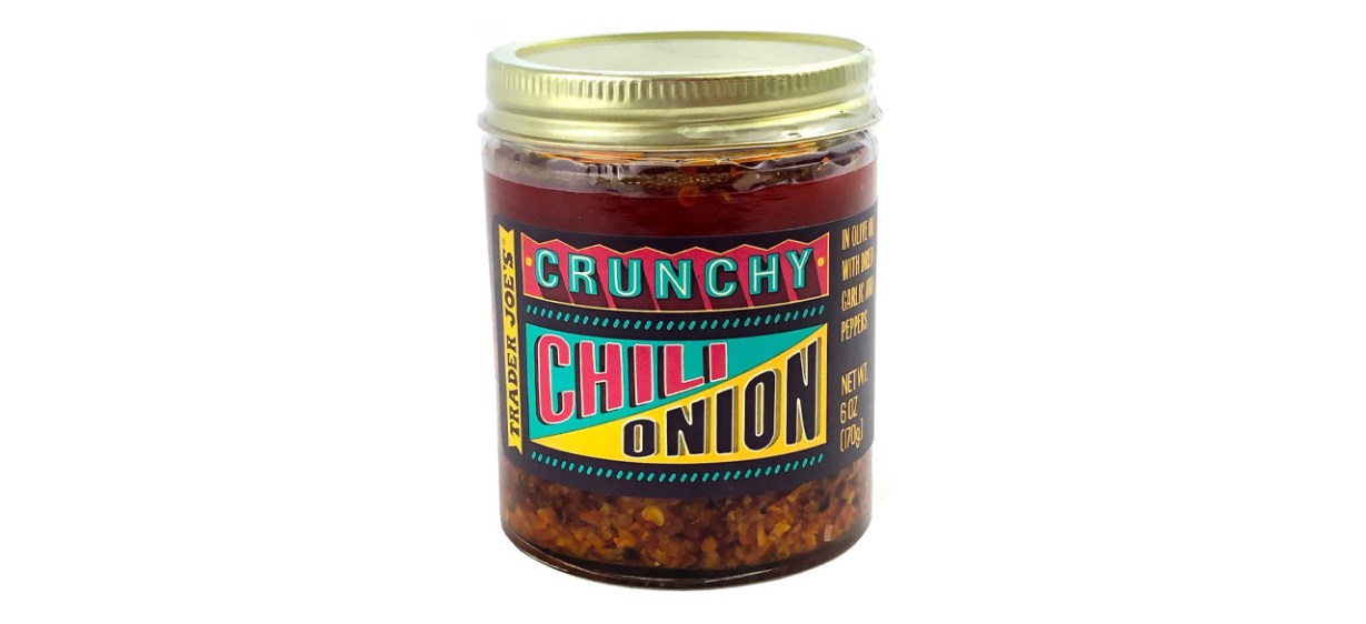 Jar of Trader Joe's Chili Onion Crunch on white background