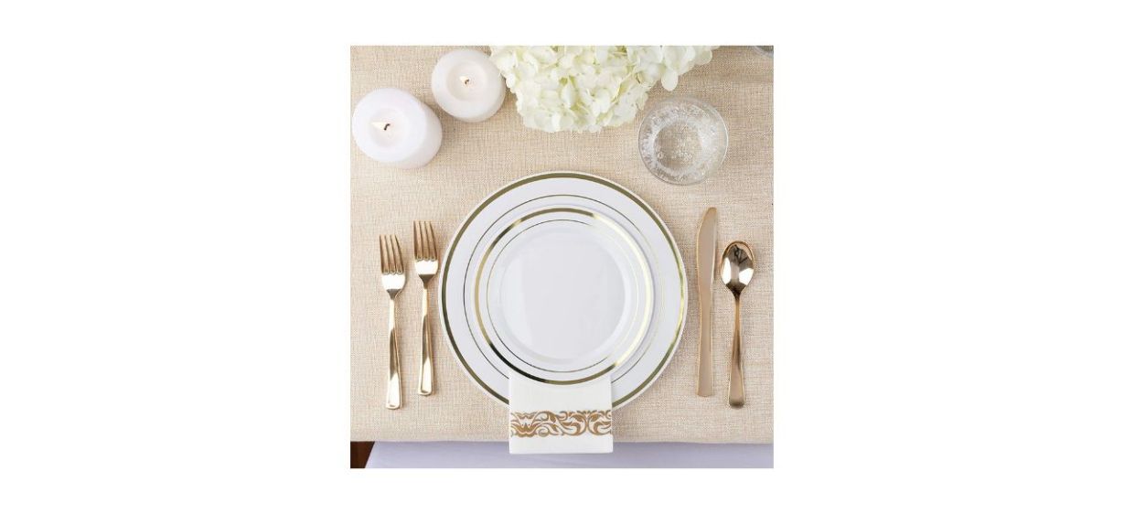 Fancy Disposable Plates with Gold Plastic Silverware on a table