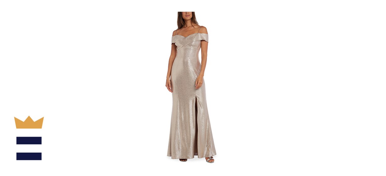 Nightway Cold-Shoulder Foil Gown in Champagne Gold