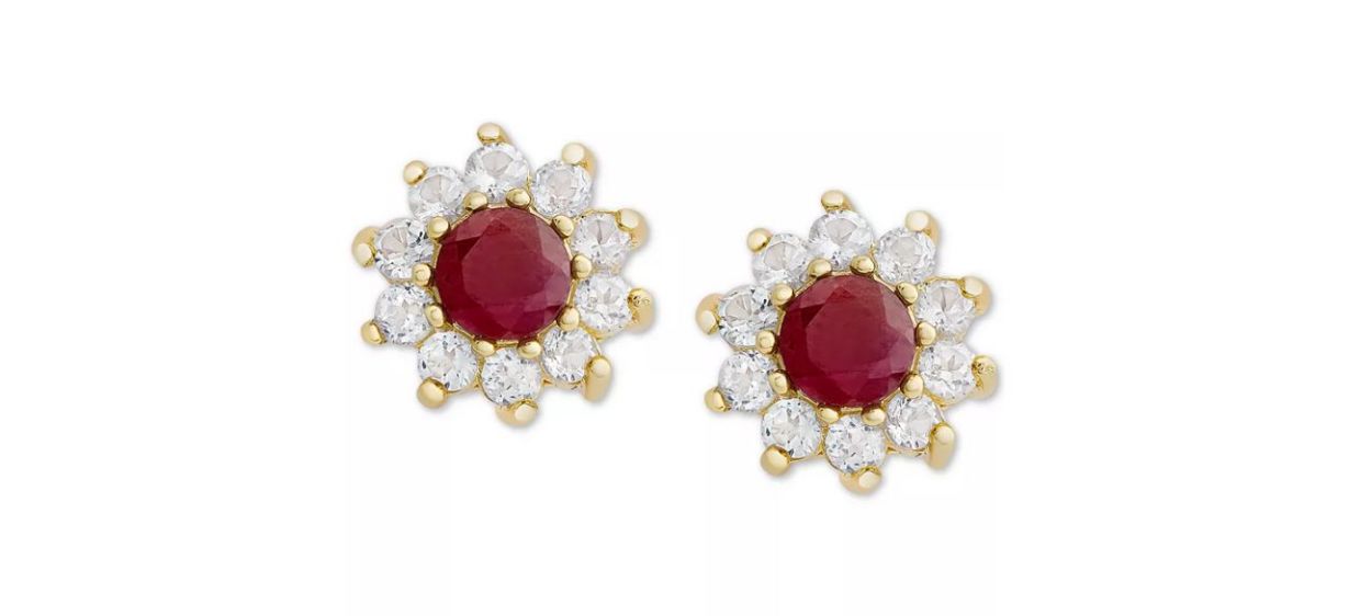 Ruby and Cubic Zirconia Halo Stud Earrings in 18-karat Gold-Plated Sterling Silver