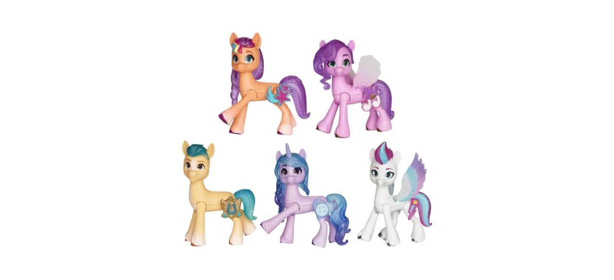 5 &quot;My Little Pony&quot; horse toys in different colors, including Sunny Starscout, Princess Pipp Petals, Izzy Moonbow, Zipp Storm and Hitch Trailblazer