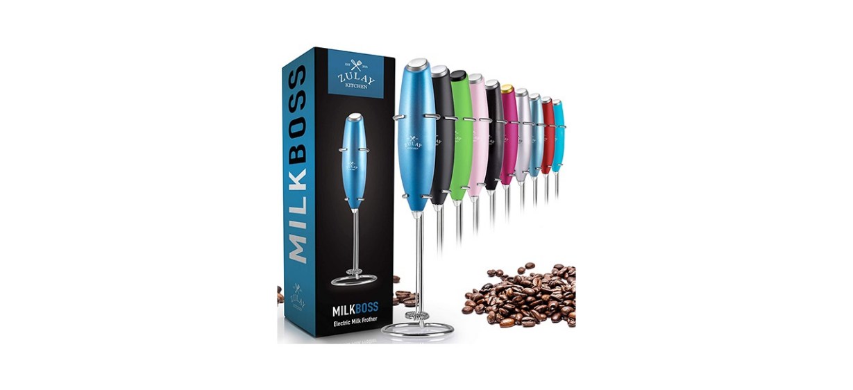 Zulay Original Milk Frother in different colors next to a pile of coffee beans