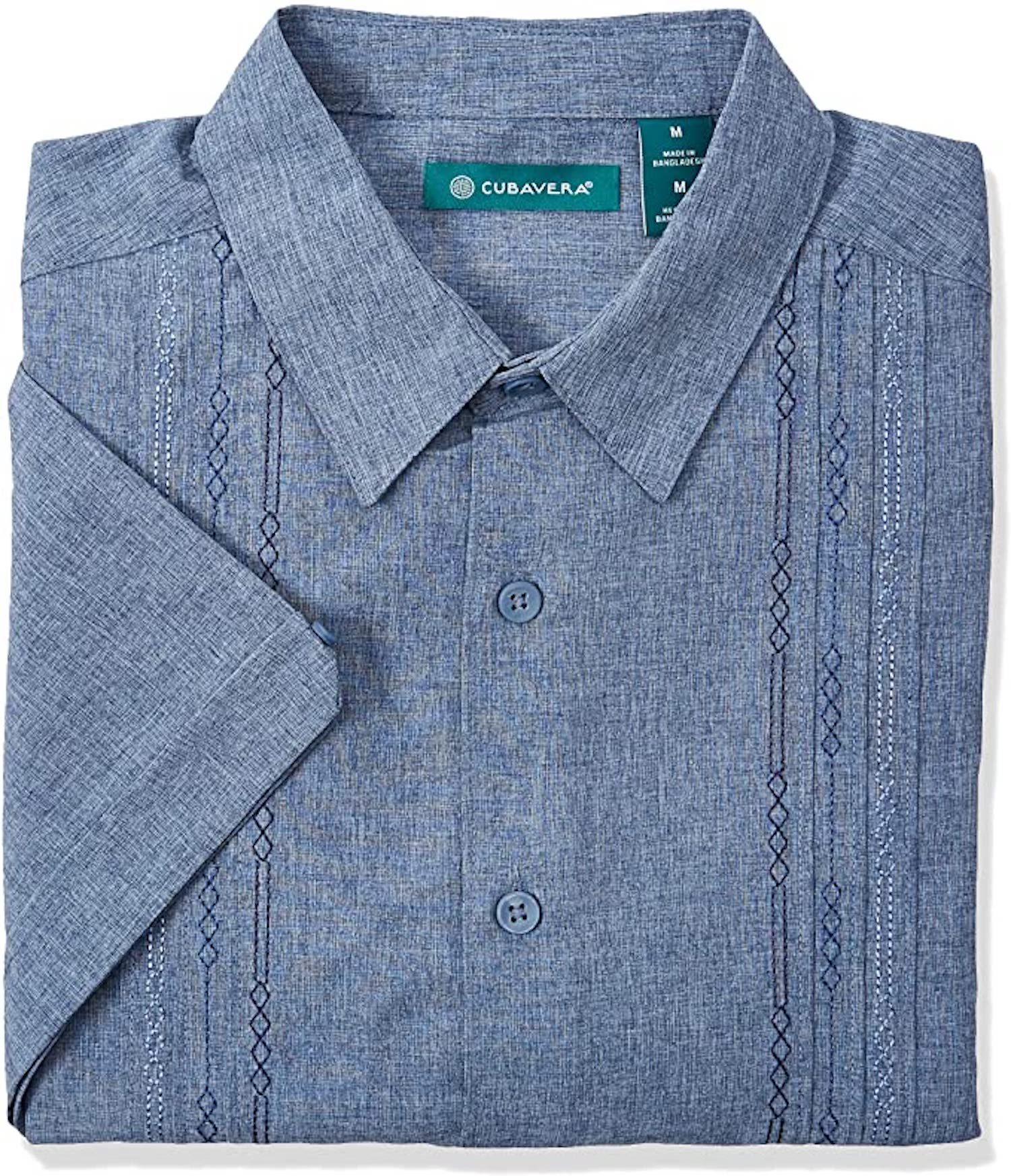 Cubavera Men&#039;s Chambray Pintuck Geometric Short Sleeve Button-Down Shirt