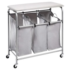 Amazon Basics 3-Bag Laundry sorter with Ironing Board top.